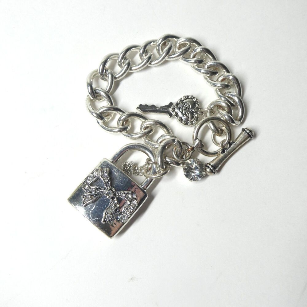Betsey Johnson Padlock Chain Bracelet Silvertone Rhinestone